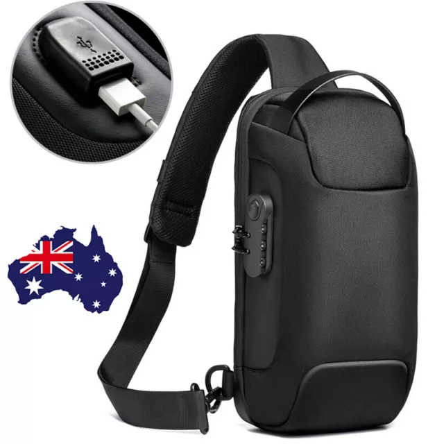 Anti-theft Men Chest Shoulder Messenger Backpack Sling Crossbody Bag USB Port~