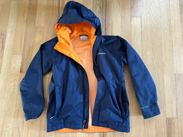 Columbia Boy's Hooded Windbreaker/ Rain Jacket Size S(8) Navy Blue/Orange