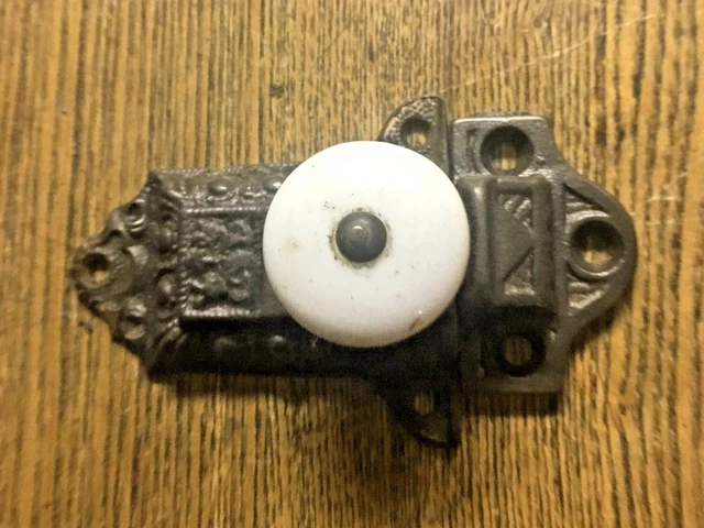 Large Unusual Antique Ornate Cast Iron Cupboard Latch With Porcelain Knob, c1870