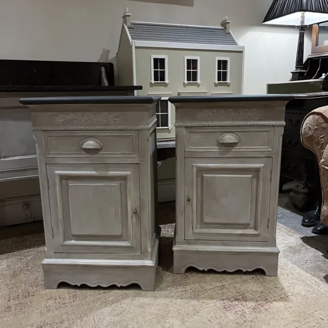 Pair of Rustic Country Style Grey Hand Painted Pot Cupboards / Bedside Tables