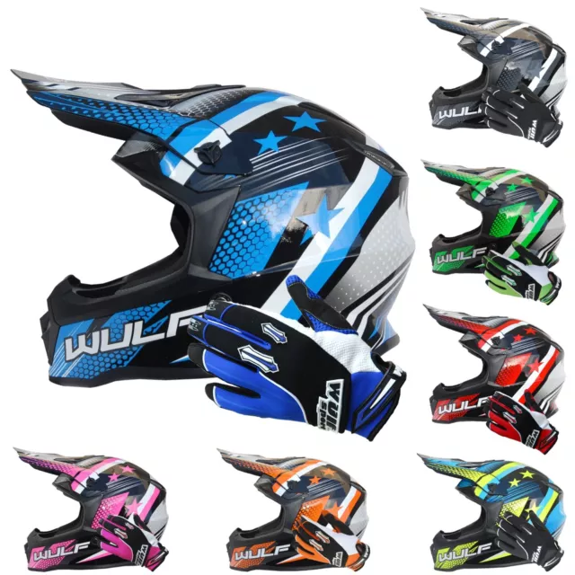 Wulfsport Cub Iconic Kids Motocross Helmet MX + Wulf Child Junior Stratos Gloves