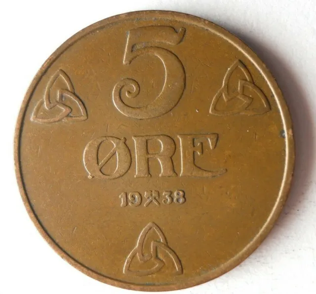 1938 NORWAY 5 ORE - Excellent Collectible Coin - FREE SHIP - Bin #117