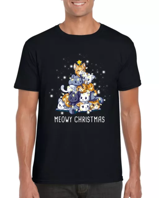 Meowy Christmas T-Shirt, Funny Cat Tree Pet Xmas Day Kitten Santa Unisex Tee Top