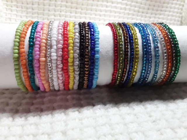 Bright Coloured Glass Seed Bead Memory Wire Bracelets in Various