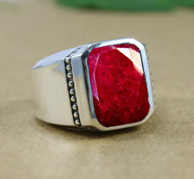 Solid 925 Sterling Silver Natural Ruby Corundum Cut Gemstone Bohemian Men's Ring