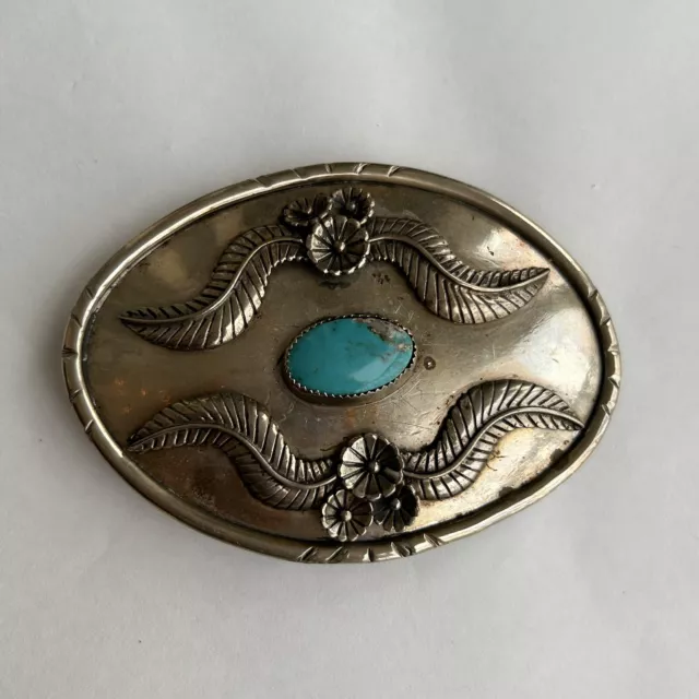 Southwest Navajo Style German Silver Turquoise Vtg Belt Buckle Handcrafted