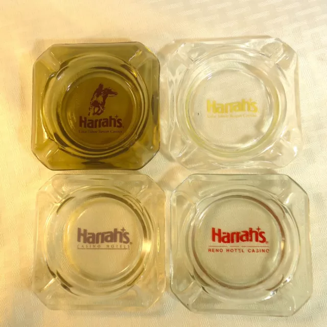 4 Different Vintage Harrah's Hotel Casino Advertising Glass Ashtrays Ring Dish