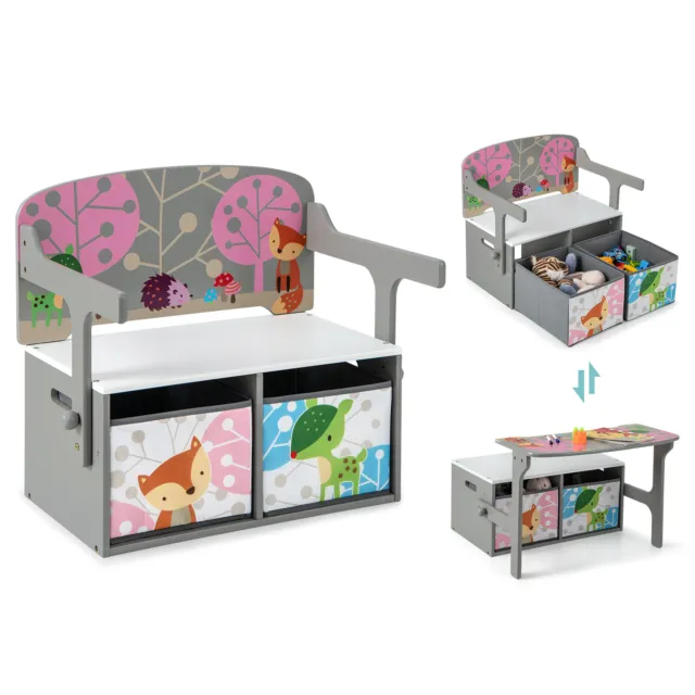 3 in 1 Kids Activity Bench Children Table & Chair Set w/ 2 Removable Fabric Bins