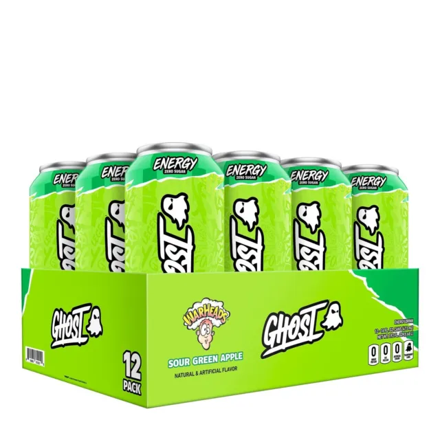 GHOST Energy Drink - Zero Sugar - Sour Green Apple 16 Fl Oz. Each - 12 pack