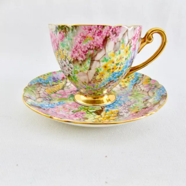 Shelley Rock Garden Pedestal Cup And Saucer Multicolored Florals Vintage Pretty