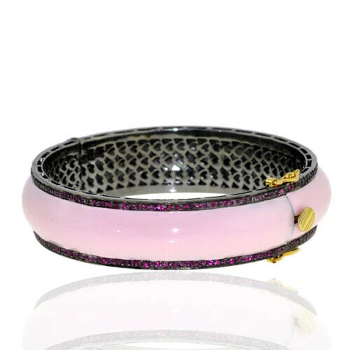 Natural Rosecut Diamond Ruby 925 Sterling Silver Wedding Enamel Bangle
