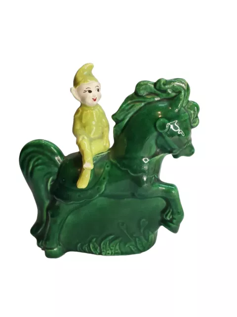 1950s Vintage Ceramic Green Pixie Elf Sprite on Horse Planter MCM Treasure Craft