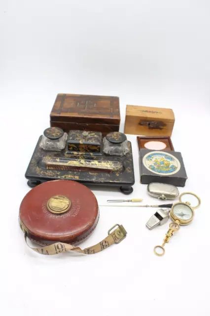 F x12 Antique/Vintage Collection Inc. Inkwell, Tape Measure, Treen Box etc