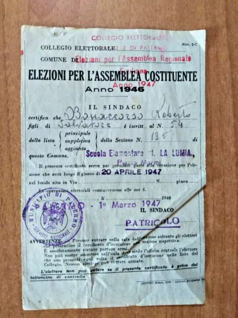 PALERMO 1947 certificato elettorale ELEZIONI ASSEMBLEA REGIONALE SICILIANA