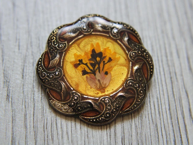 Broche Vintage Plexiglas Avec Inclusion Fleurs Séchées - Années 1960 - Excellent état