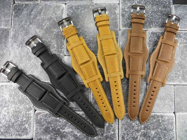 Bracelet Montre Aviateur En Cuir De Bœuf Noir Avec Rivets - Largeurs 18-24 Mm, Neuf Avec Étiquettes