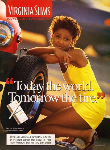 1995 Virginia Slims Cigarettes - Sexy Girl Legs Change Flat Tire -Print Ad Photo