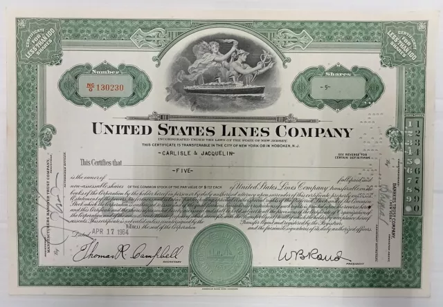 AOP United States Lines Company 1964 share certificate for 5 shares
