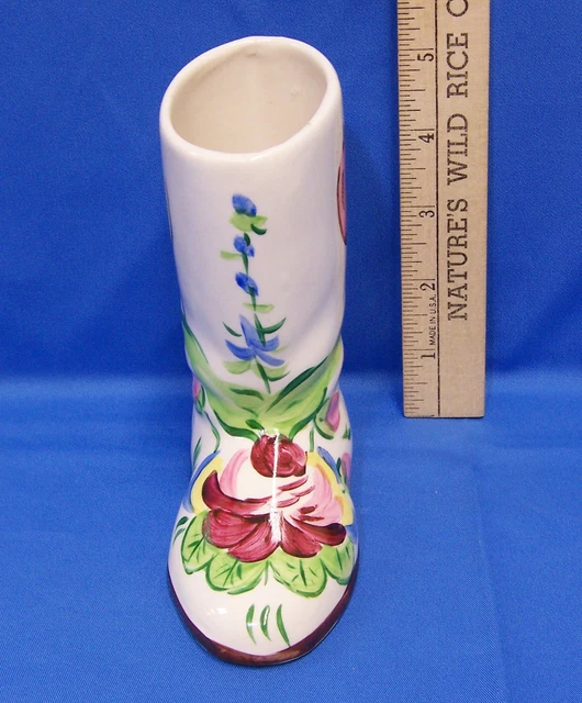 Vintage Ceramic Boot Shoe Vase Figurine Signed Hand Painted Flower Floral