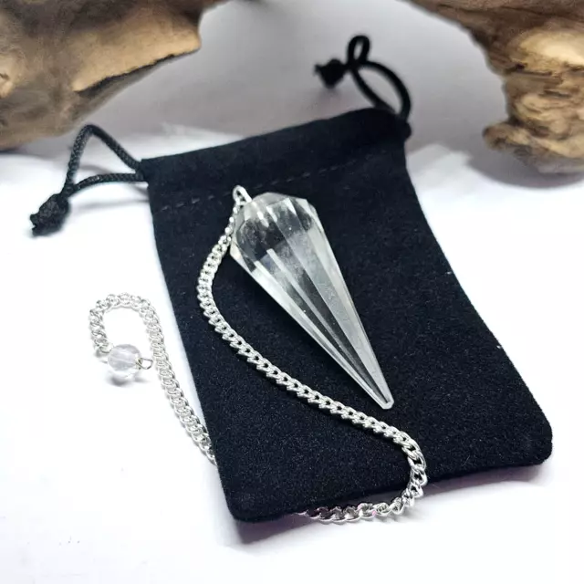 Quartz Pendulum Dowser 12 Sided Divination Real Crystal Gemstone Pointed & Bag