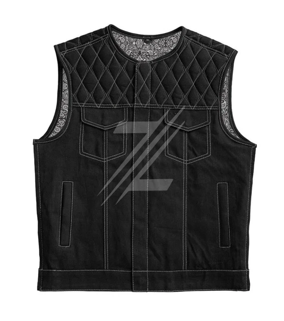Men's Denim Bikers Vest Handmade Classic Diamond Quilted Motorcycle Black vests