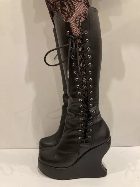 Stunning Demonia Knee High Wedge Boots UK6 Goth Steampunk Whitby Cyber Lolita