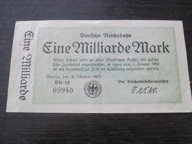 Berlin, 1 Milliarde Mark, Deutsche Reichsbahn, 18.10.1923, Original
