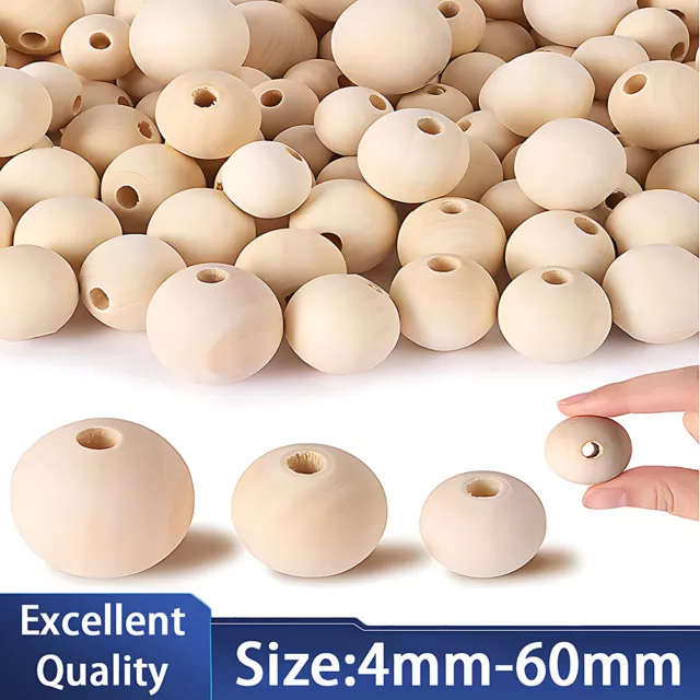 Natural Round Wooden Beads Untreated Plain Wood Large Hole 4mm 6mm 8mm - 60mm