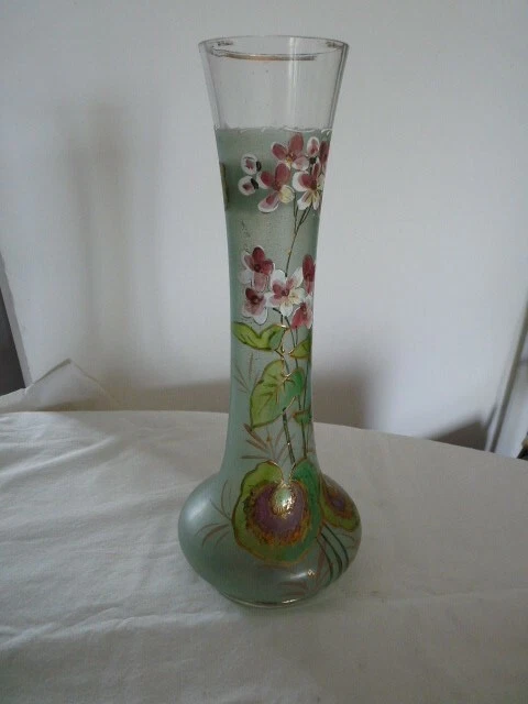 vase en verre émaillé , vase rouleau , décor floral , fleurs
