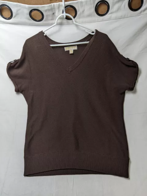 Michael Kors Sweater Women's L Brown Regular-Fit Roll Tab Sleeve V-Neck Pullover 2
