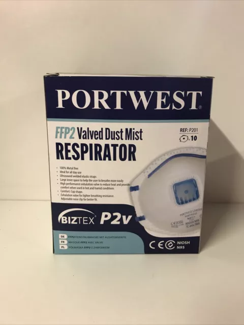 Portwest Ffp2 Valved Dust Mist Respirator  Pack Of 10 Piztex P2V