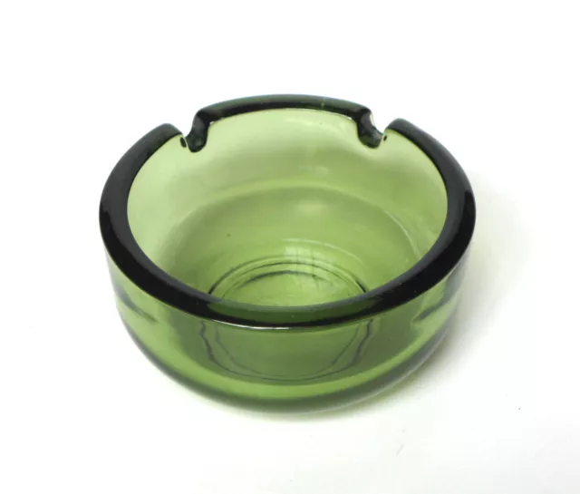 Vintage MCM Round Green Glass 2-Slot Cigarette Ashtray, 3 3/4” Dia.