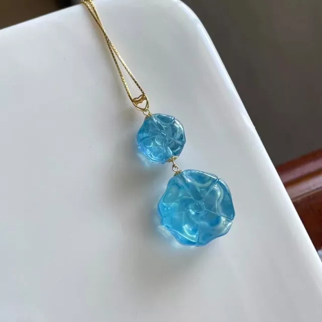 Natural Aquamarine Blue Crystal Flower Shape Pendant Amber Beads Chain AAAAA