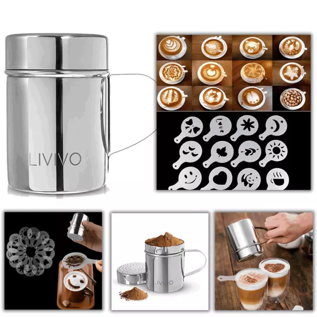 Livivo S/ Steel Chocolate Shaker Duster W/ 16 Barista Stencils Hot Drink Coffee