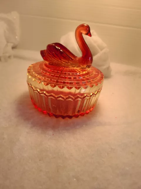 Vintage Jeanette Swan Glass Lid Candy Trinket Jar Carnival Dish Amber Glow