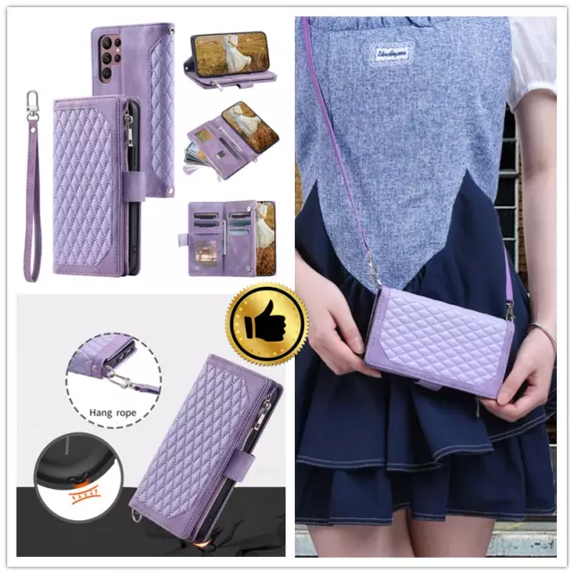 For Samsung S23 Ultra S21 S20 FE S10e S9 S8 S7 Zip Crossbody Leather Wallet Case