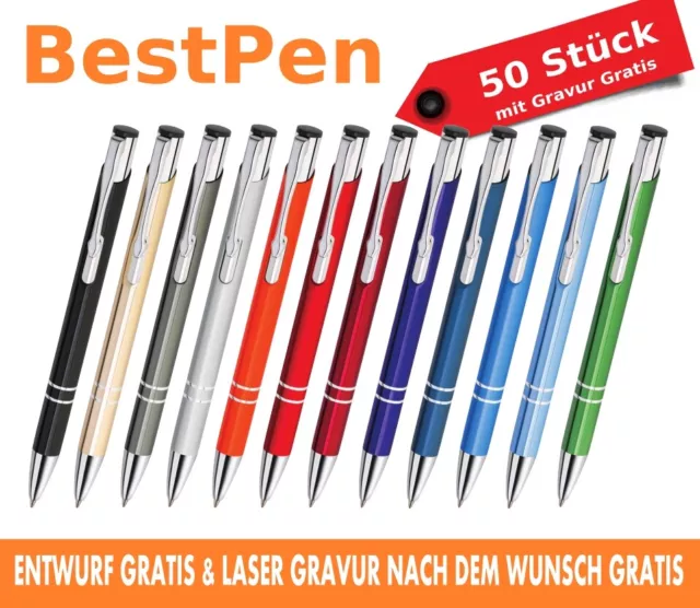 50 STÜCK Set METALL WERBEKUGELSCHREIBER mit Gravur Gratis. Stifte Wunschgravur