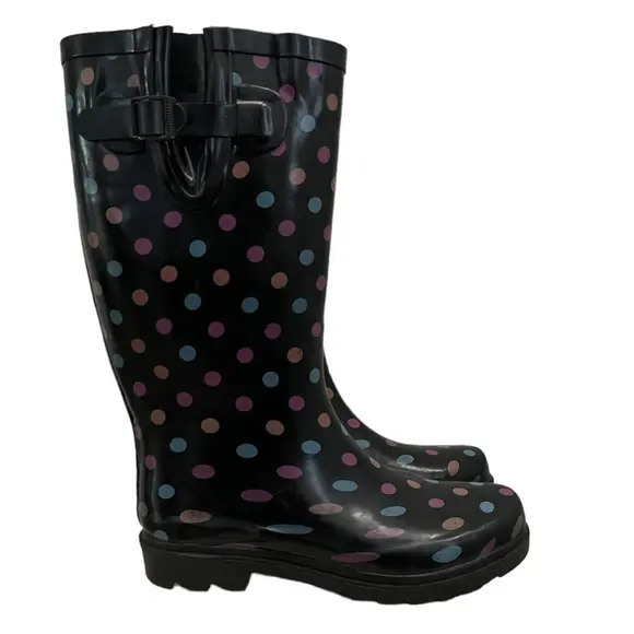 Boutique Black Drizzy Polka Dot Mid Calf Rain Boots 9