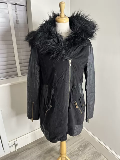 Ladies River Island Black Wax Coated Parka Longline Jacket Coat Fur Size 14