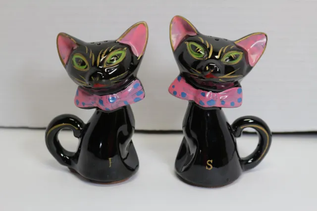Vintage 5" Japan Salt Pepper Shakers Black Cats Pink Polka Dot Bows Tail Handles