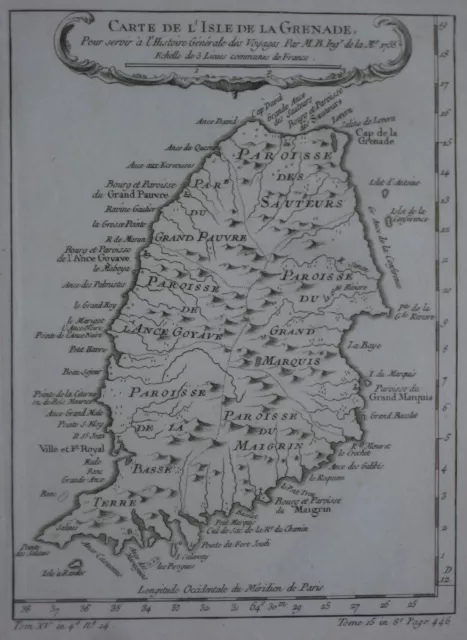 Original 1758 Bellin Parish Map GRENADA French West Indies Fort Royal St. George