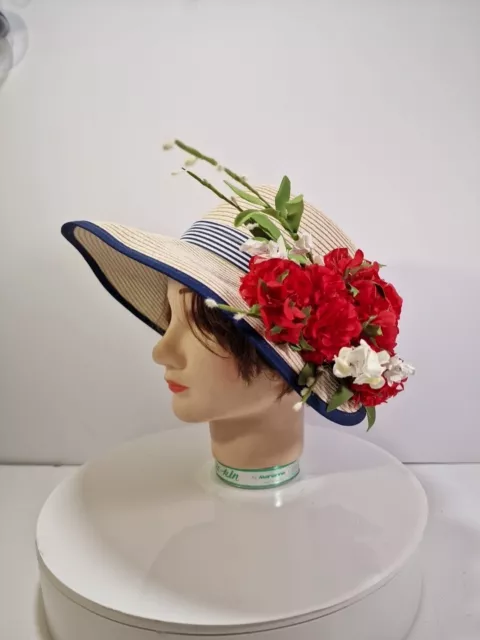 Jones New York Woven Braided Straw Floppy Hat With Flowers, 100% Paper, C2t