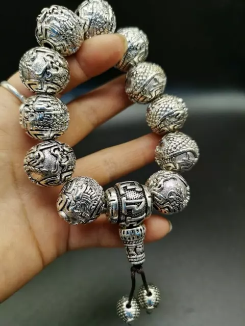Old Chinese tibet silver handcarved dragon beads Bracelet
