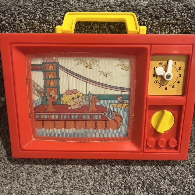 BLUE BOX WINDUP Vintage 1979 Moving Screen Toddler/Kids Toy Musical TV