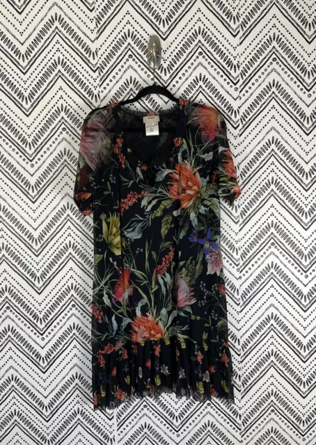 Women Fuzzi Black Red Green Floral Semi Sheer Short Sleeve Ruffle Dress Sz M