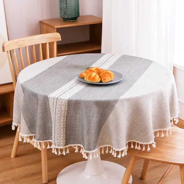 Grey Stripe Round Tablecloth Cotton Linen Lace Tassel Dustproof Tables Cover