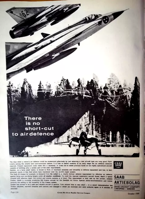 1966 Original Print Advert Ad  Saab 35 Draken 550 Air Force Aircraft