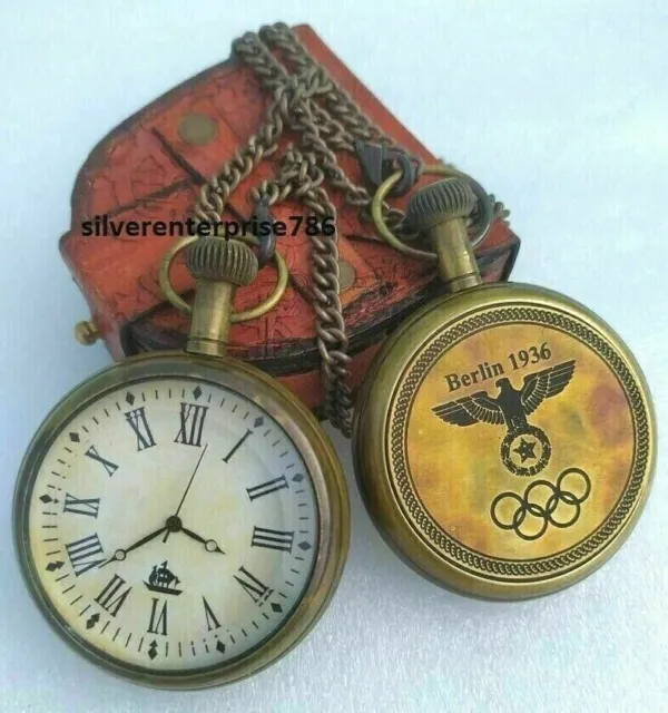 Antiguo reloj de bolsillo de latón con caja de cuero marino regalo para ocasión