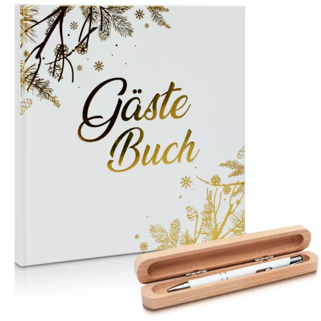 Gästebuch Hochzeit Set 3 in 1 - Gästebuch 100 Seiten inkl. Stift und Holzetui