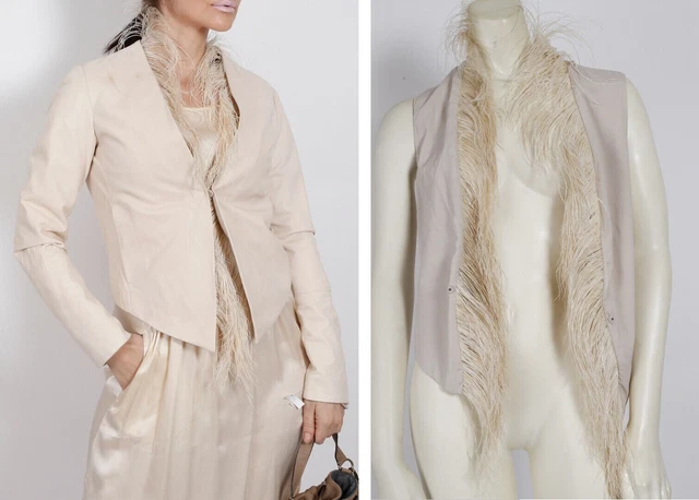 BRUNELLO CUCINELLI Off White Leather 2 in 1 Jacket Ostrich Feather Vest Size 42